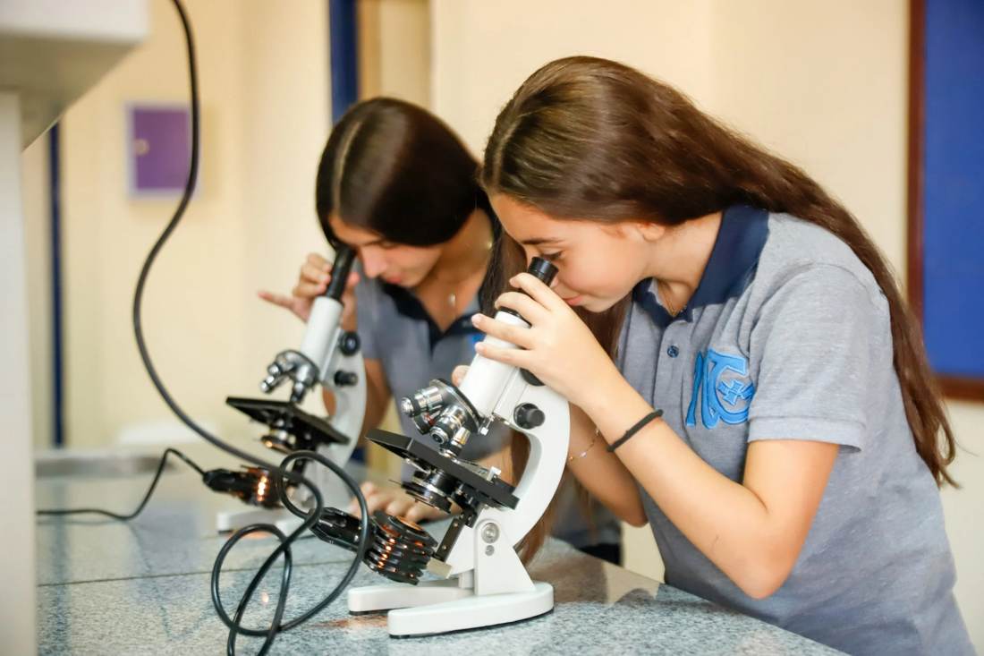 Students working with microscopes in a school laboratory